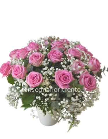 Bouquet di 7 rose rosa e gypsofila