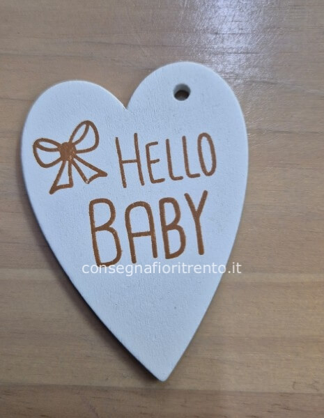 Biglietto di auguri in legno, a forma di cuore,hello baby