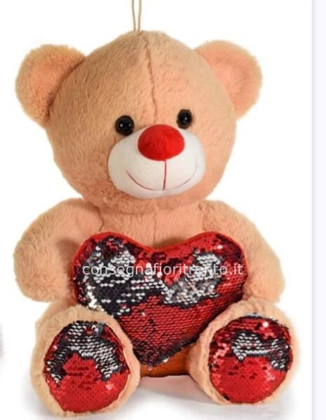 Orsetto peluche con cuore e zampe in paillettes reversibili